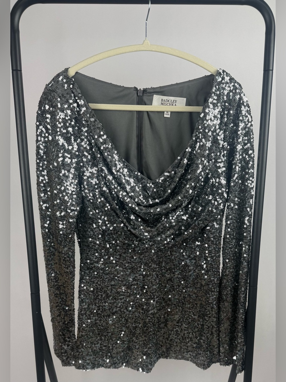 Badgley Mischka Sequin Cowl Neck Top XL Black Long Sleeve Formal - Picture 2 of 6